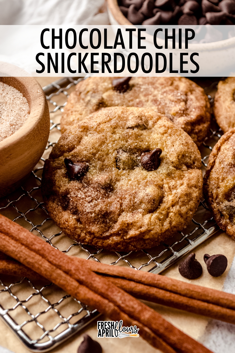 These chocolate chip snickerdoodles boast a super soft and chewy interior thanks to the addition of dry pudding mix. With sweet chocolate chips and bold cinnamon in every bite, these cookies are a delicious mashup of several cookie worlds in one.  via @frshaprilflours