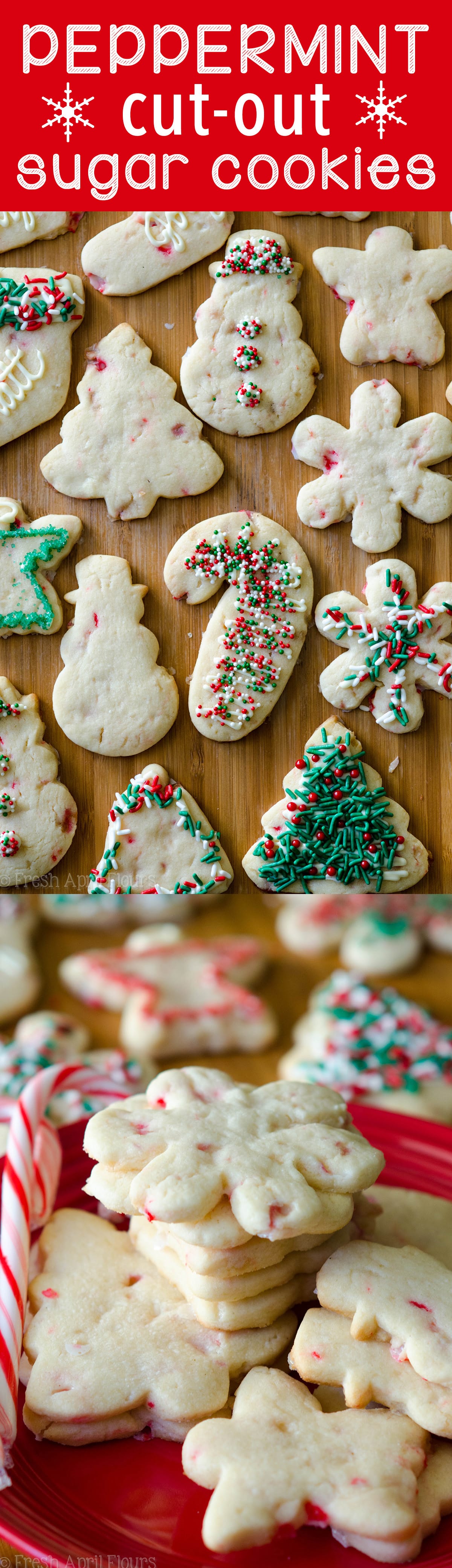 Peppermint Cut-Out Sugar Cookies: No dough chilling necessary for these soft cut-out sugar cookies that are perfect for decorating with chocolate, icing, or sprinkles. Crisp edges, soft centers, and filled with bits of candy canes! via @frshaprilflours