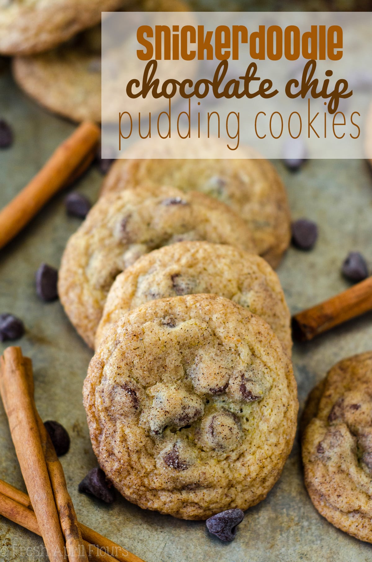 Snickerdoodle Chocolate Chip Pudding Cookies: Soft and chewy pudding cookies filled with chocolate chips with a generous cinnamon-sugar coating. via @frshaprilflours