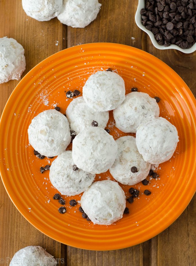 Chocolate Chip Snowballs: Buttery, melt-in-your-mouth shortbread cookies filled with mini-chocolate chips and rolled in powdered sugar.