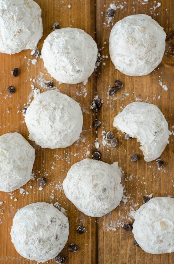 Chocolate Chip Snowballs: Buttery, melt-in-your-mouth shortbread cookies filled with mini-chocolate chips and rolled in powdered sugar.