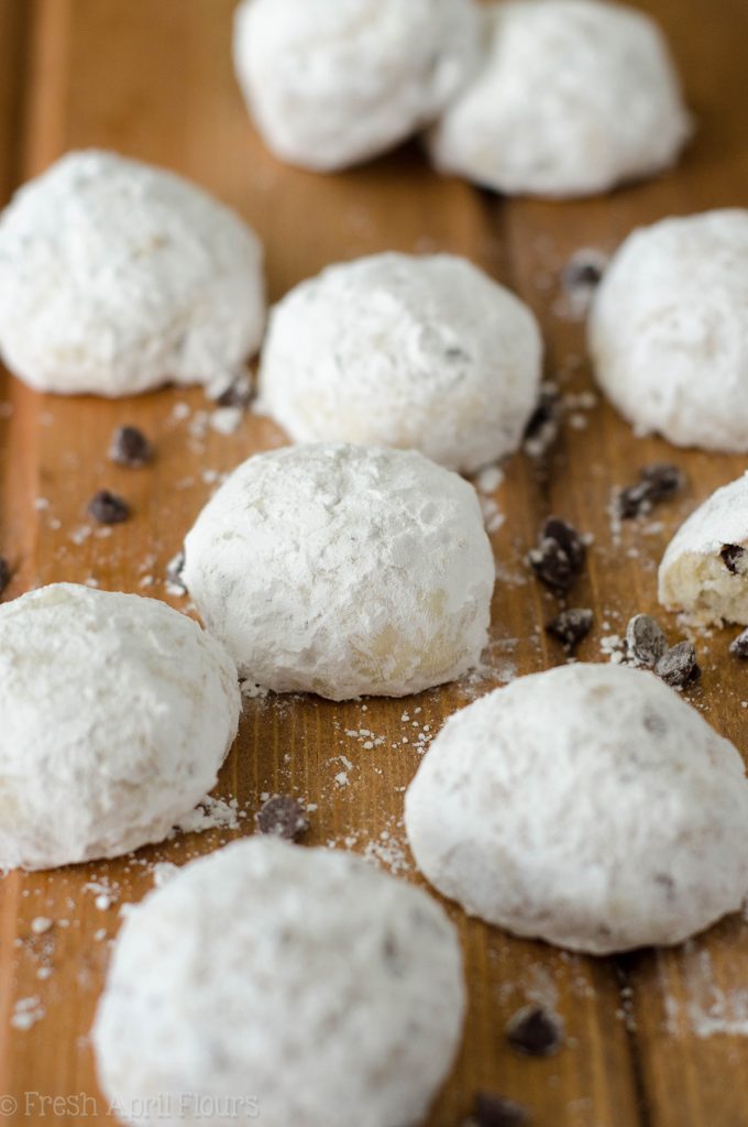 Chocolate Chip Snowballs: Buttery, melt-in-your-mouth shortbread cookies filled with mini-chocolate chips and rolled in powdered sugar.