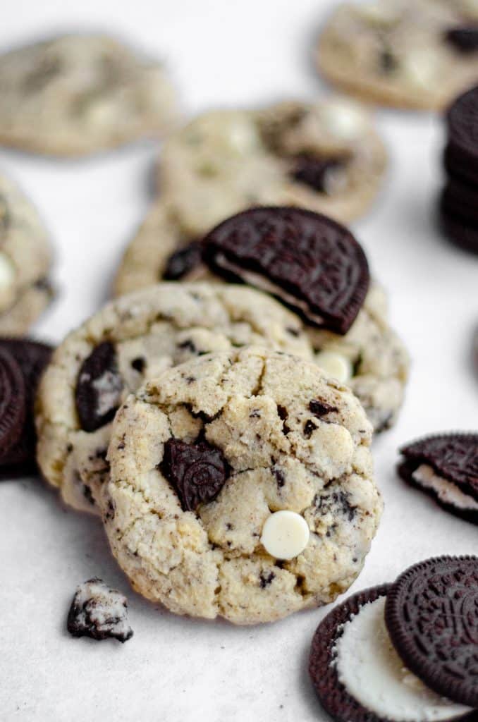 Cookies & Cream Cookies: Chewy, no chill white chocolate chip cookies filled with chunks of crunchy Oreo cookies.