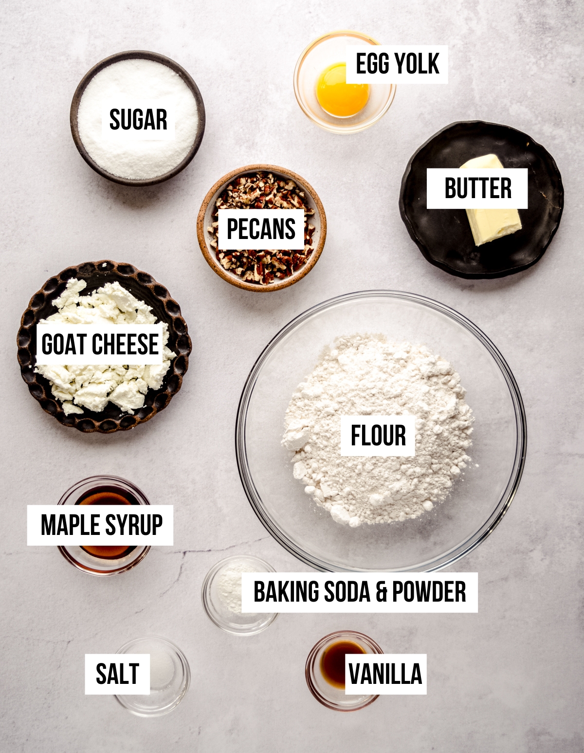 Aerial photo of ingredients for goat cheese sugar cookies labeled with text overlay.