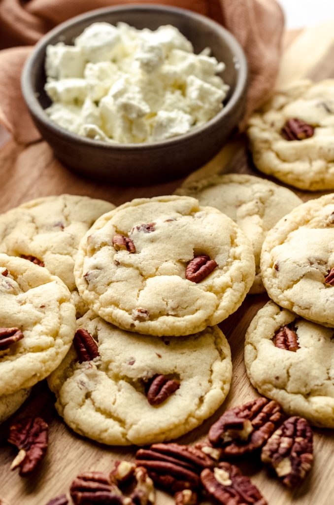 Maple pecan goat cheese sugar cookies on a surface.