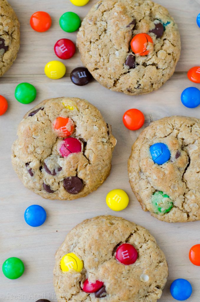 Monster Cookies: Quick and easy peanut butter oatmeal cookies filled with chocolate chips and m&m's.