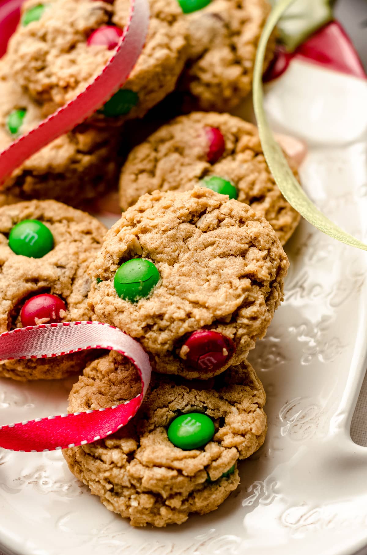 christmas monster cookies on a santa plate