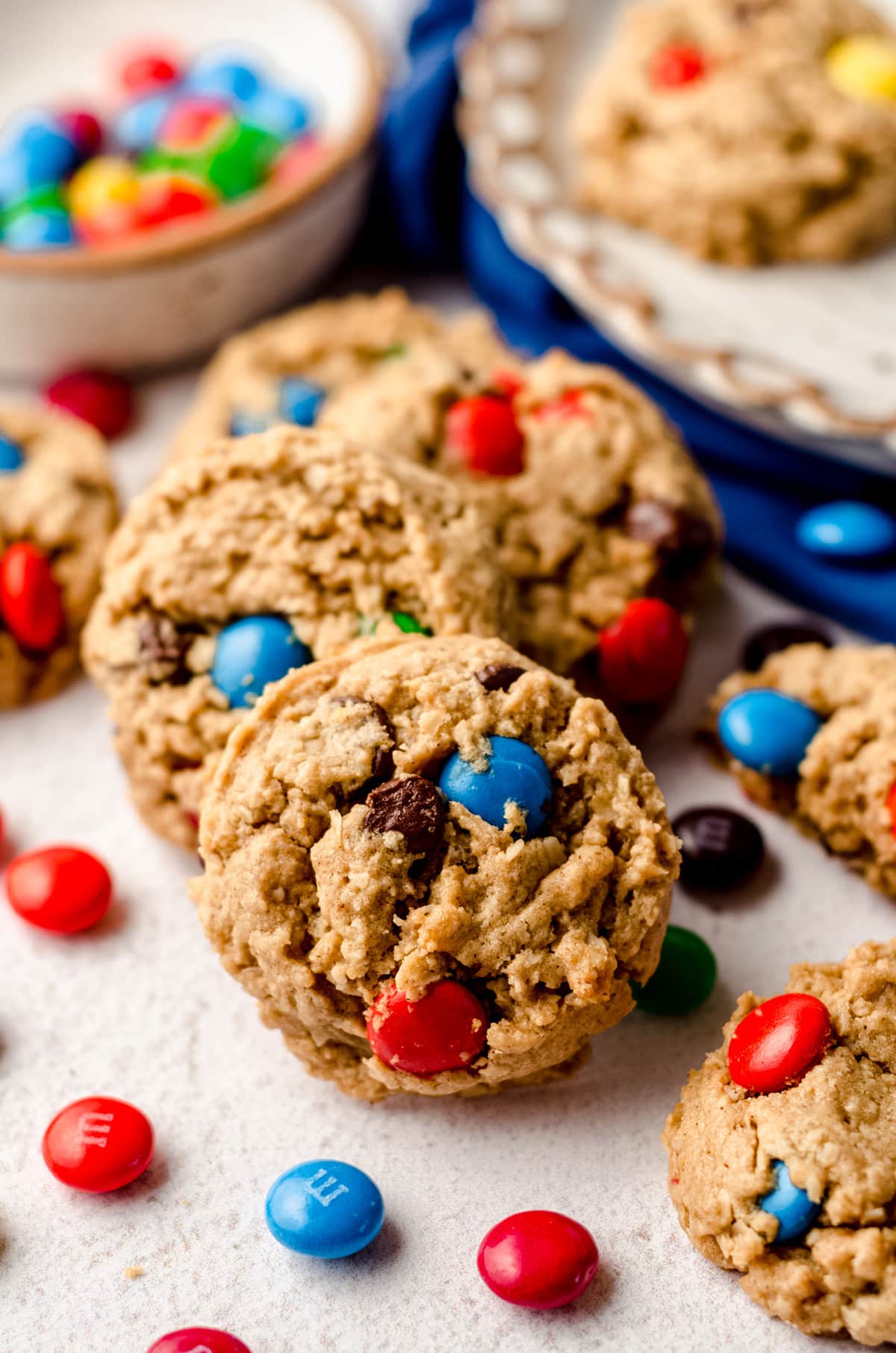 monster cookies with m&m's scattered around