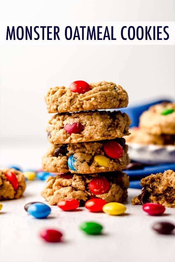 Quick and easy peanut butter oatmeal cookies filled with chocolate chips and m&m's. via @frshaprilflours