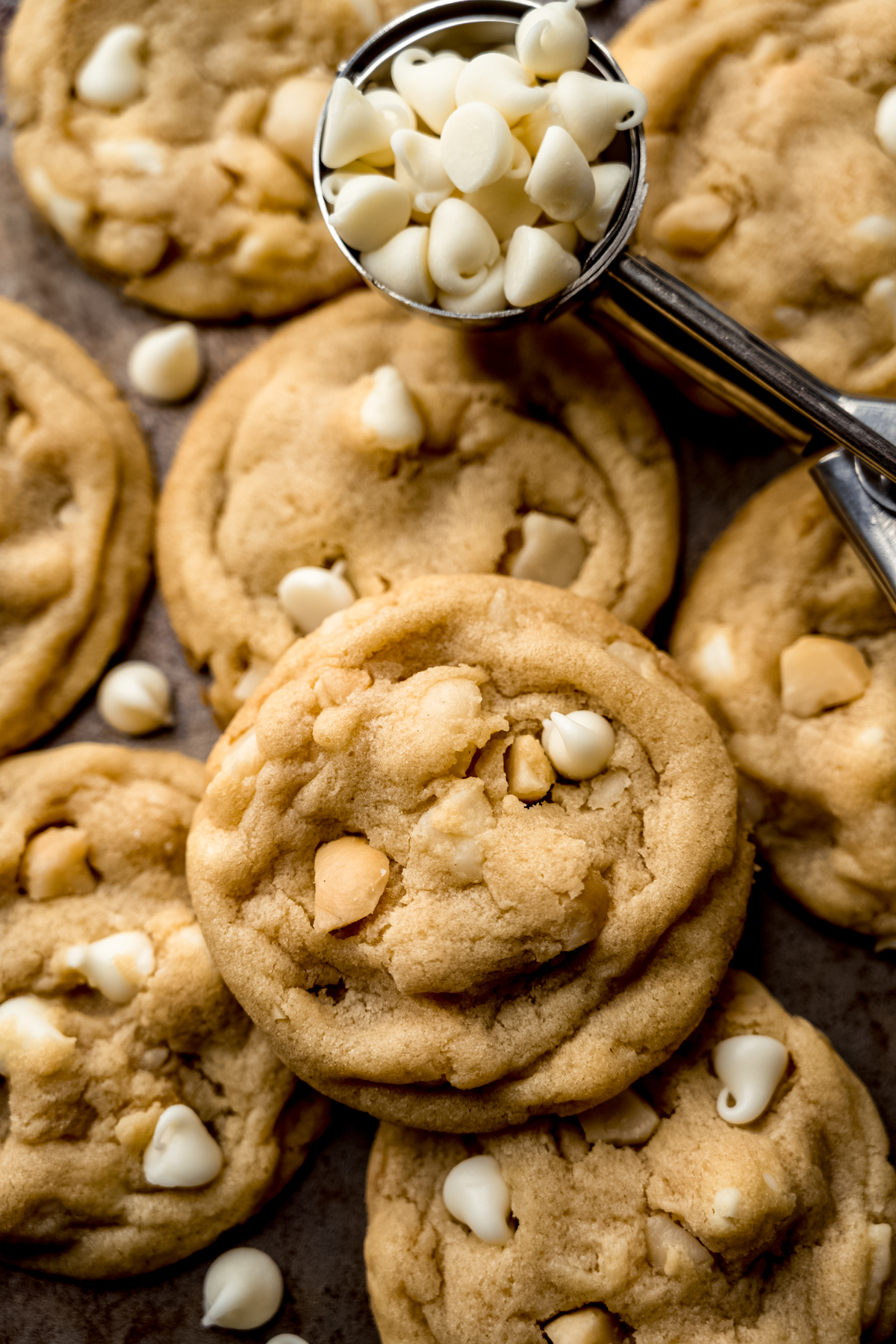 Aerial photo of white chocolate macadamia nut cookies.