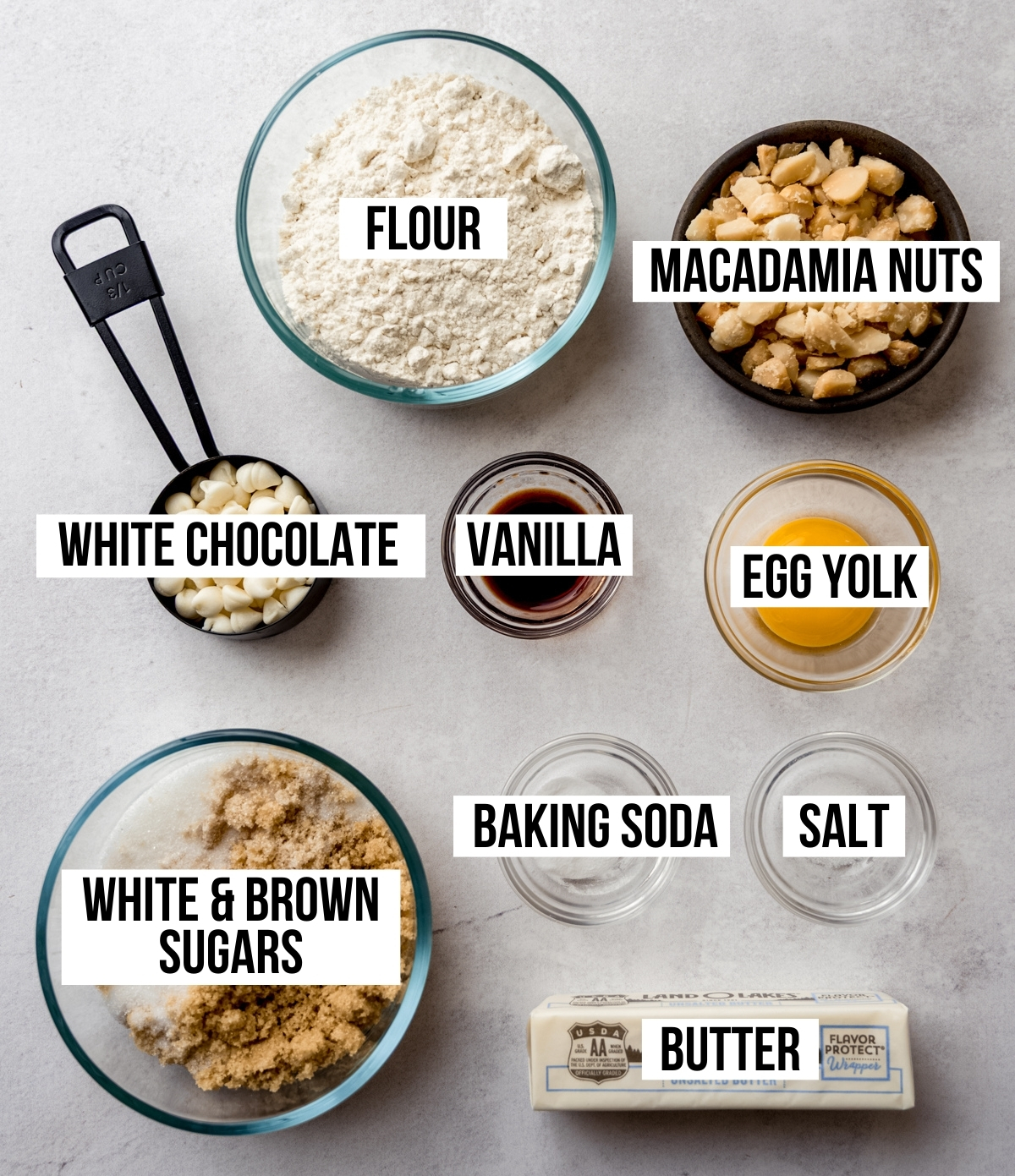 Aerial photo of white chocolate macadamia nut cookies on a surface with text overlay labeling each ingredient.