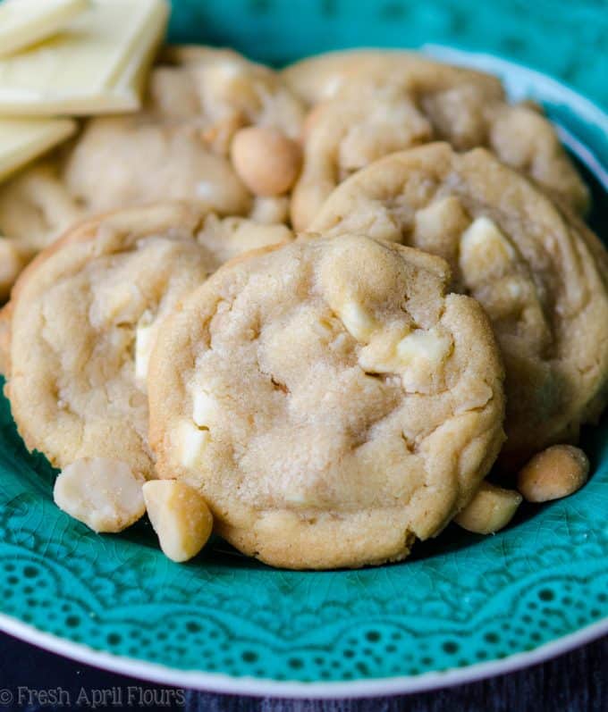 White Chocolate Chunk Macadamia Nut Cookies: A cookie jar classic-- buttery cookies filled with creamy white chocolate and crunchy macadamia nuts.