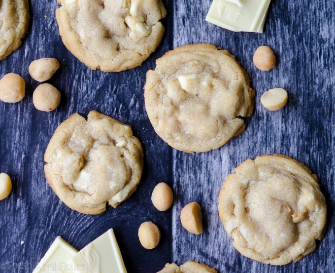 White Chocolate Chunk Macadamia Nut Cookies: A cookie jar classic-- buttery cookies filled with creamy white chocolate and crunchy macadamia nuts.