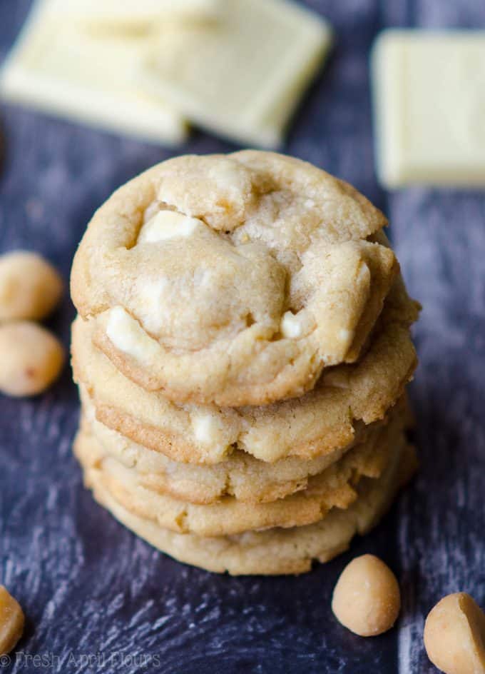 White Chocolate Chunk Macadamia Nut Cookies: A cookie jar classic-- buttery cookies filled with creamy white chocolate and crunchy macadamia nuts.