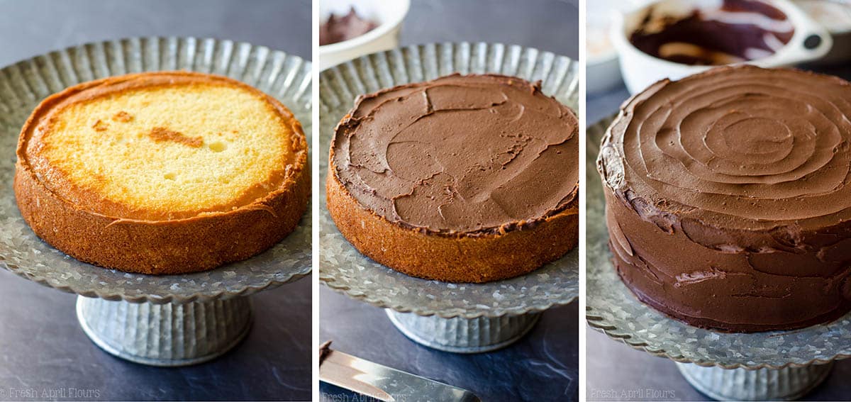 pictures of assembling a yellow layer cake with chocolate buttercream