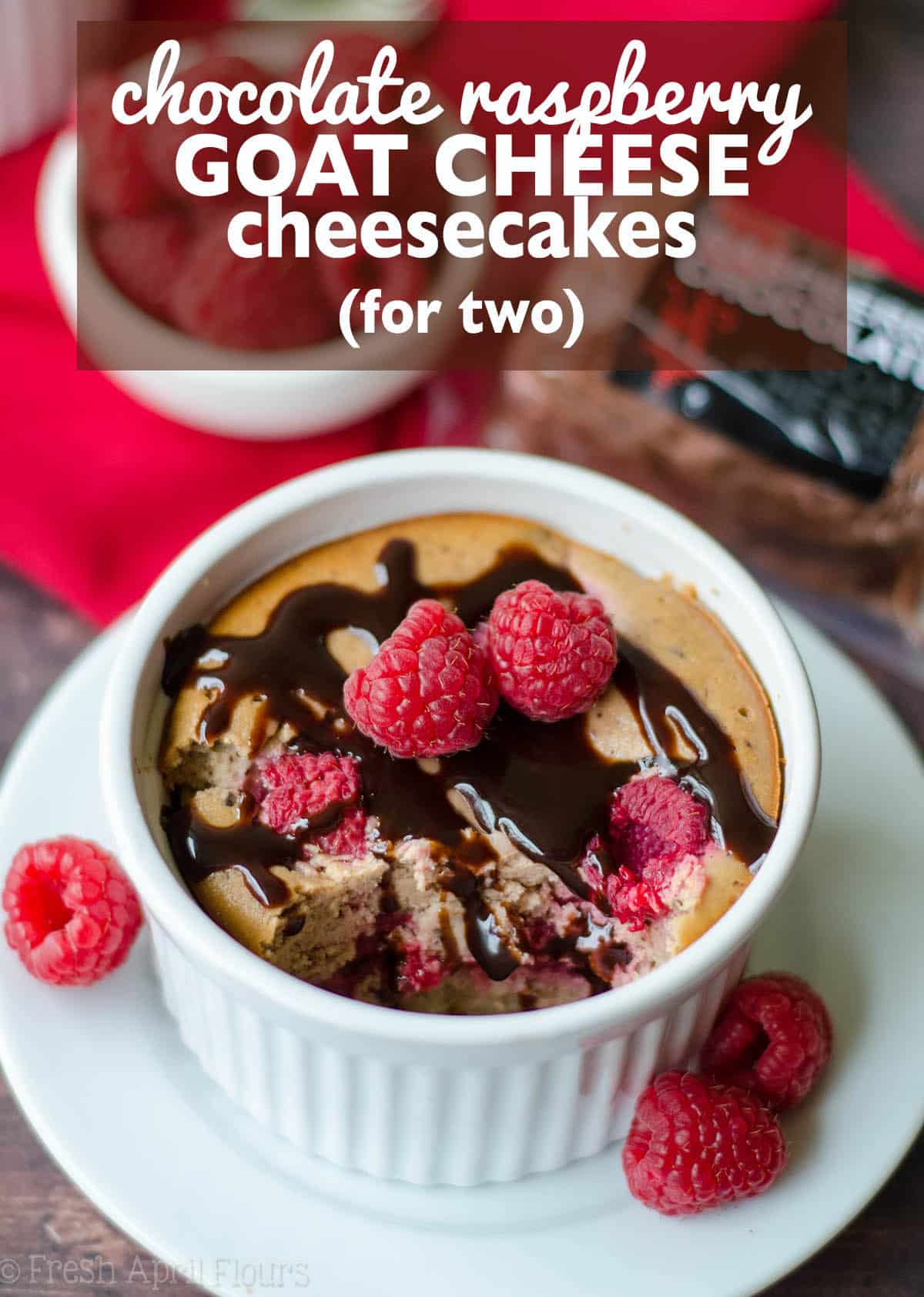 Chocolate Raspberry Goat Cheese Cheesecakes (For 2): Simple, personal sized, gluten free cheesecakes made with chocolate raspberry goat cheese and fresh raspberries. via @frshaprilflours