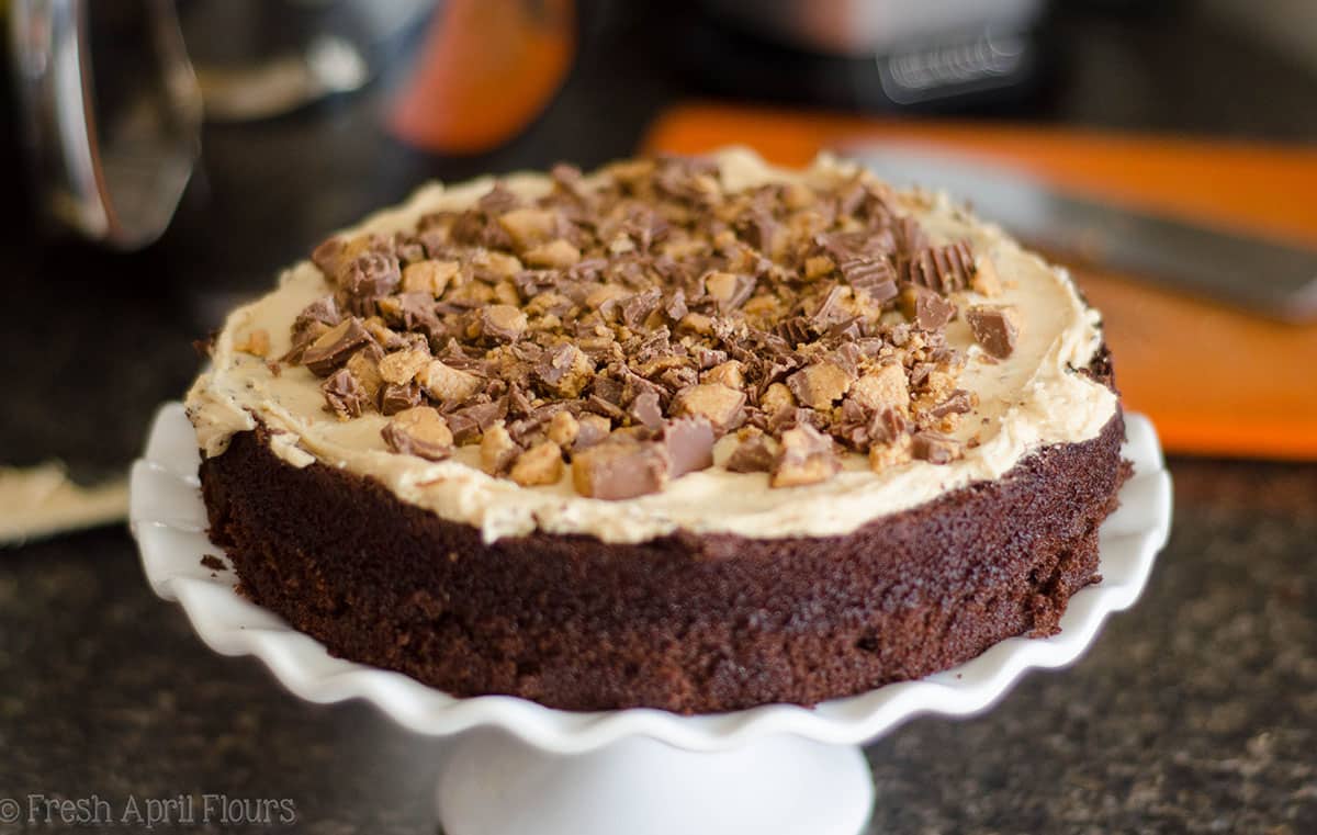 filling a dark chocolate cake with chopped peanut butter cups
