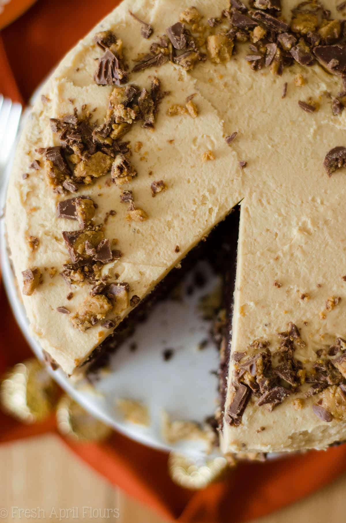 aerial photo of dark chocolate cake with peanut butter frosting