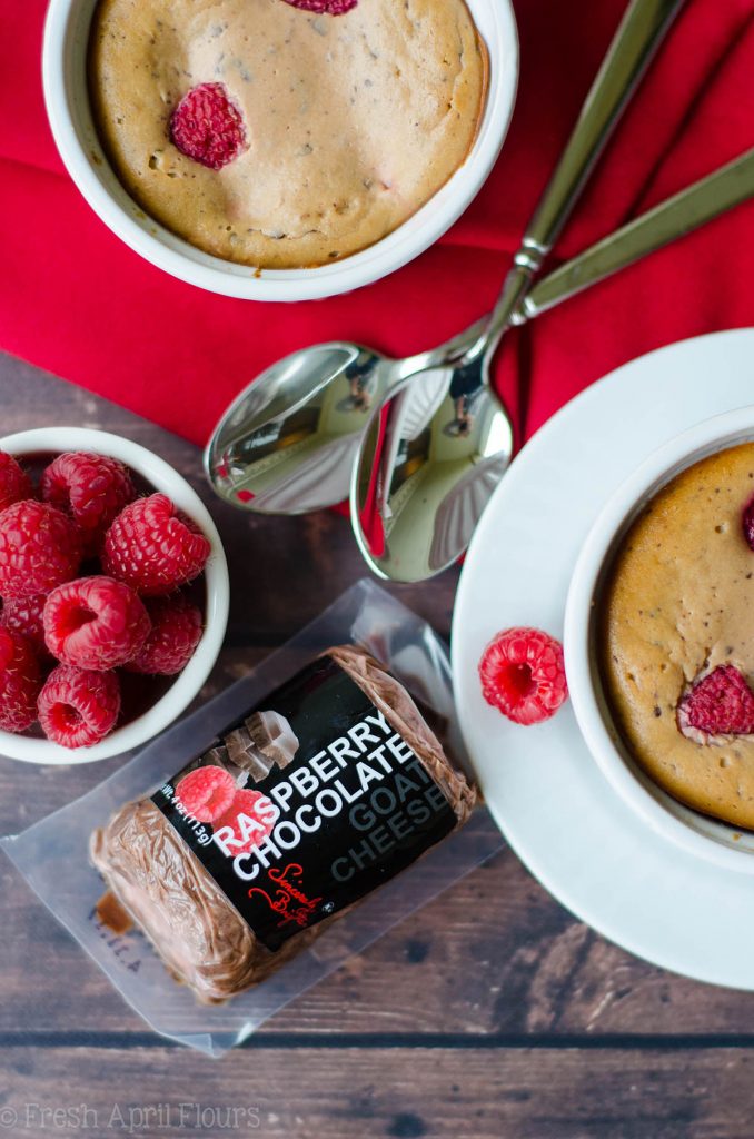 Chocolate Raspberry Goat Cheese Cheesecakes (For 2): Simple, personal sized, gluten free cheesecakes made with chocolate raspberry goat cheese and fresh raspberries.