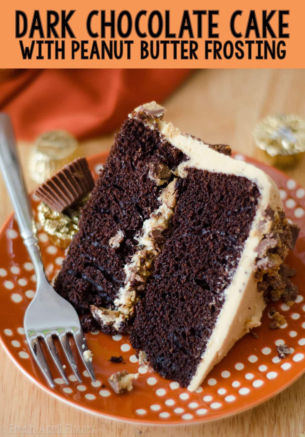 An easy two-layer dark chocolate cake covered in creamy, dreamy peanut butter frosting, all from scratch! via @frshaprilflours