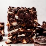 A stack of cookies and cream brownies.