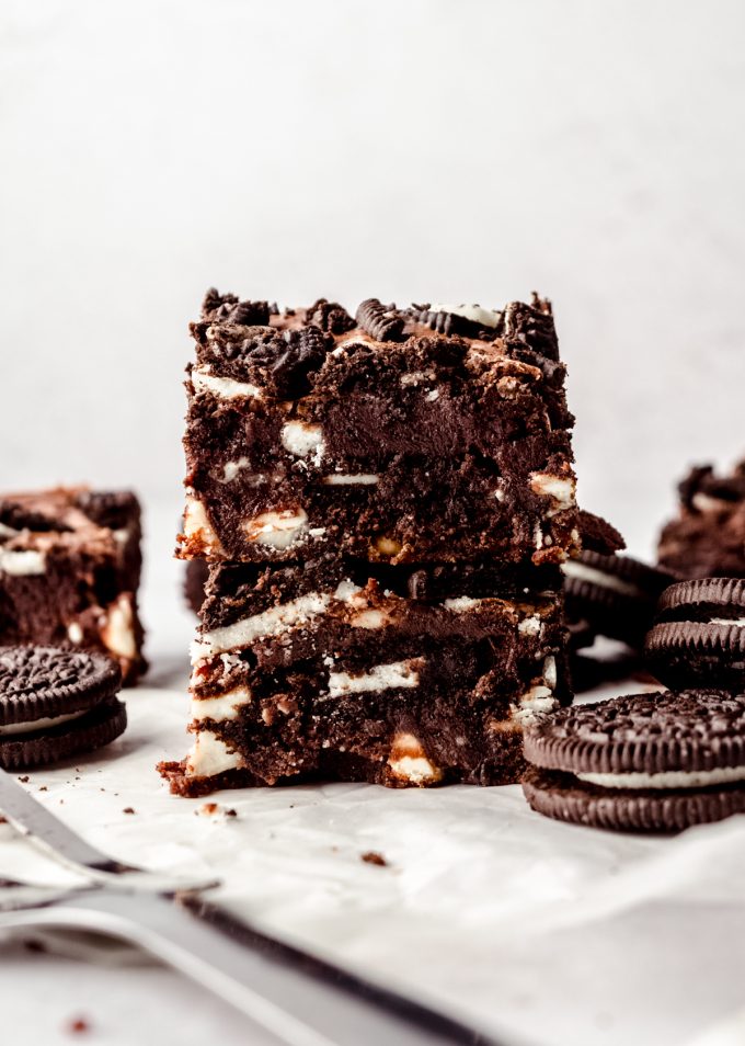 A stack of cookies and cream brownies.