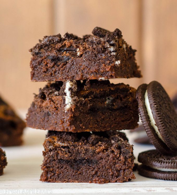 Cookies & Cream Brownies: Rich and fudgy scratch brownies filled with crunchy Oreos.