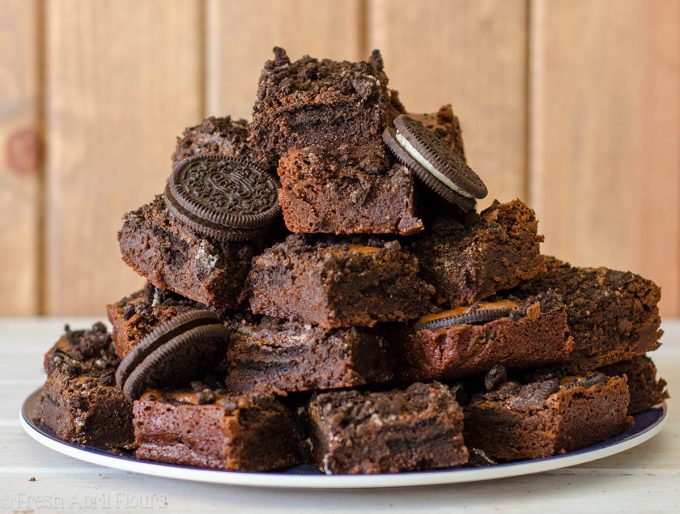 Cookies & Cream Brownies: Rich and fudgy scratch brownies filled with crunchy Oreos.