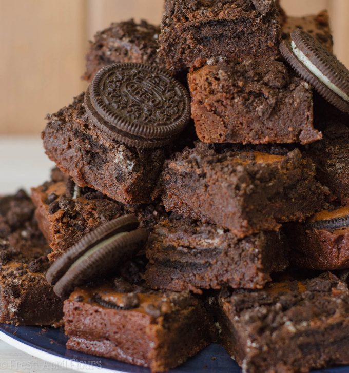 Cookies & Cream Brownies: Rich and fudgy scratch brownies filled with crunchy Oreos.