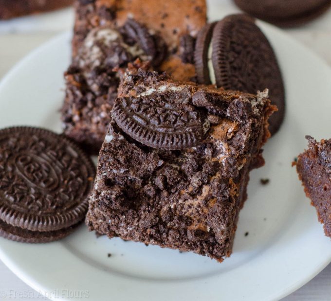 Cookies & Cream Brownies: Rich and fudgy scratch brownies filled with crunchy Oreos.
