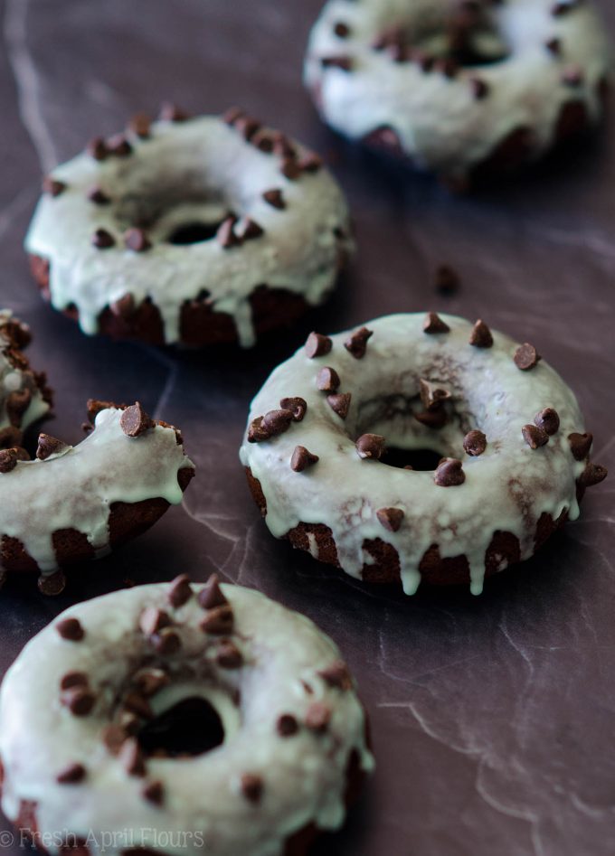 Baked Mint Chocolate Chip Donuts: Simple chocolate chip donuts topped with a simple mint glaze.