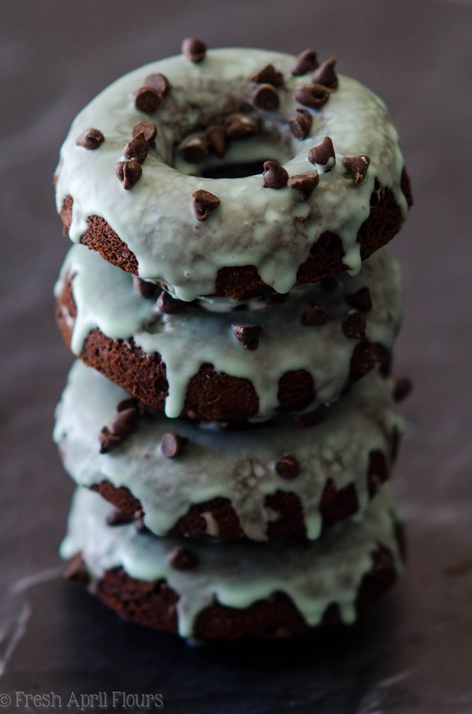 Baked Mint Chocolate Chip Donuts: Simple chocolate chip donuts topped with a simple mint glaze.