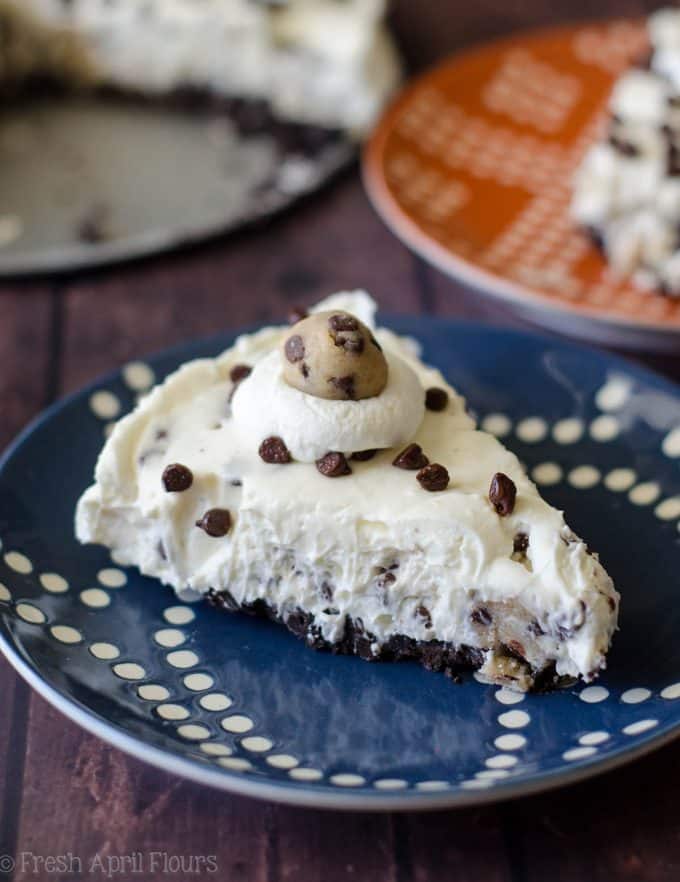 No Bake Chocolate Chip Cookie Dough Pie: An easy, cheesecake-like pie filled with edible cookie dough pieces and plenty of chocolate chips, all atop a crunchy Oreo crust.