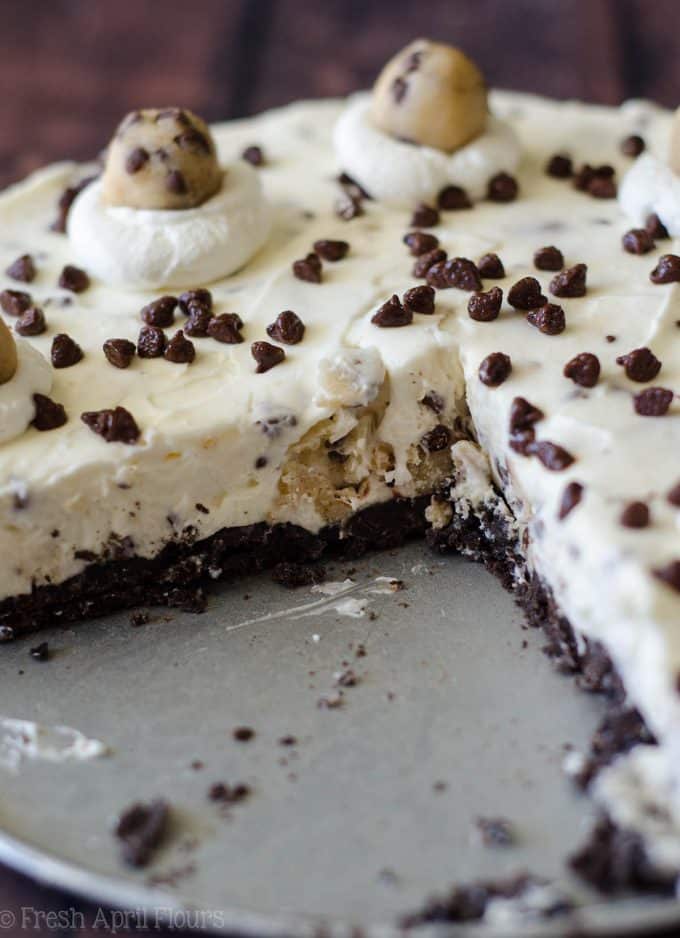 No Bake Chocolate Chip Cookie Dough Pie: An easy, cheesecake-like pie filled with edible cookie dough pieces and plenty of chocolate chips, all atop a crunchy Oreo crust.