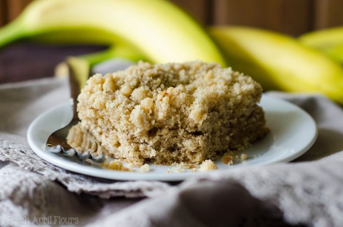 Banana Crunch Snack Cake: A simple and perfectly moist banana cake with a fine sandy crumb topping.