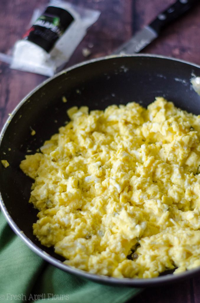 Vegetarian Breakfast Tacos: Mix and match your favorite toppings with the base of creamy goat cheese scrambled eggs and seasoned peppers and onions. Perfect for a breakfast buffet to please a crowd.