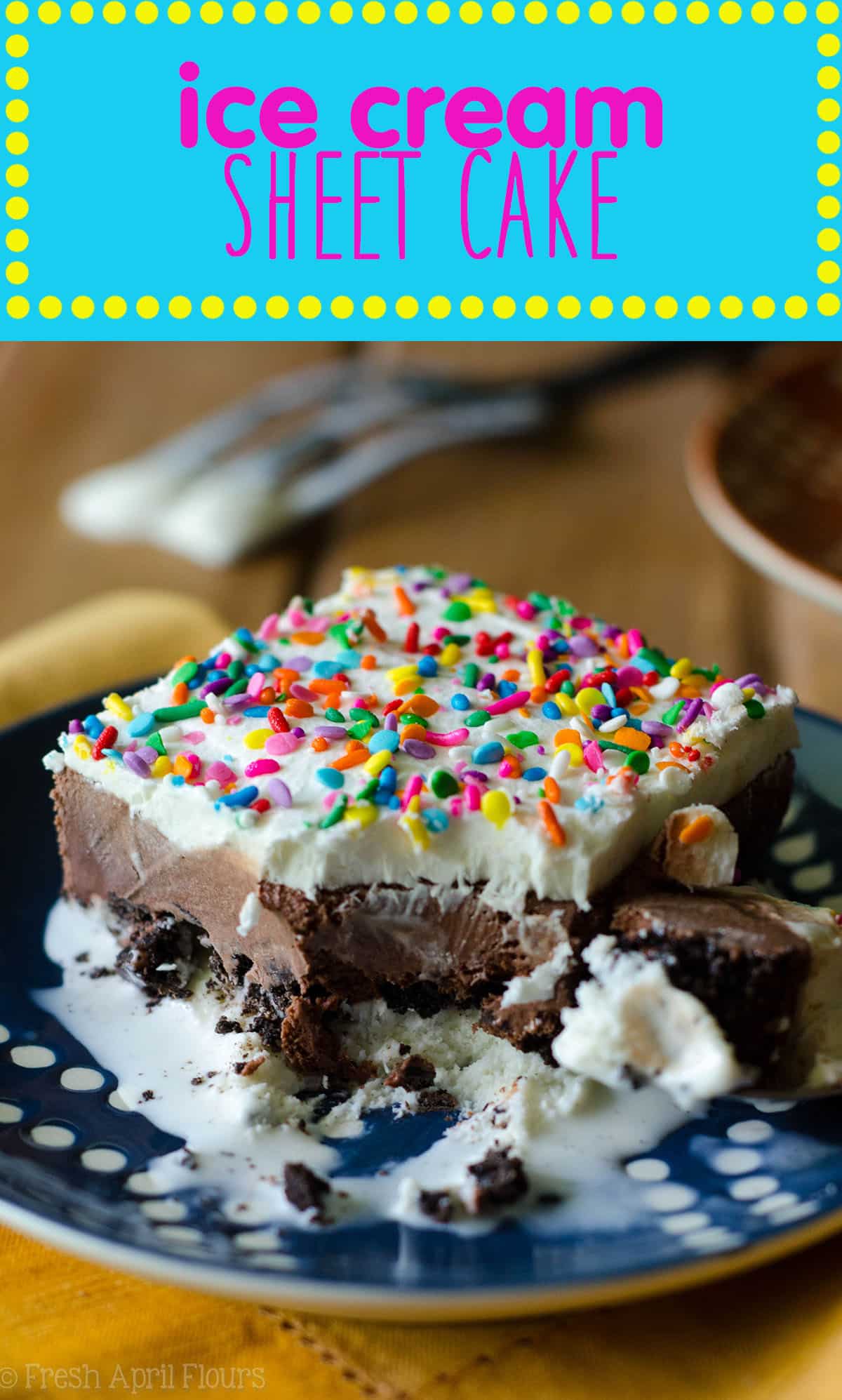 An easy recipe for homemade ice cream cake, filled with a crunchy cookie layer. Mix and match your favorite ice cream flavors or be brave and use your own homemade ice cream! via @frshaprilflours