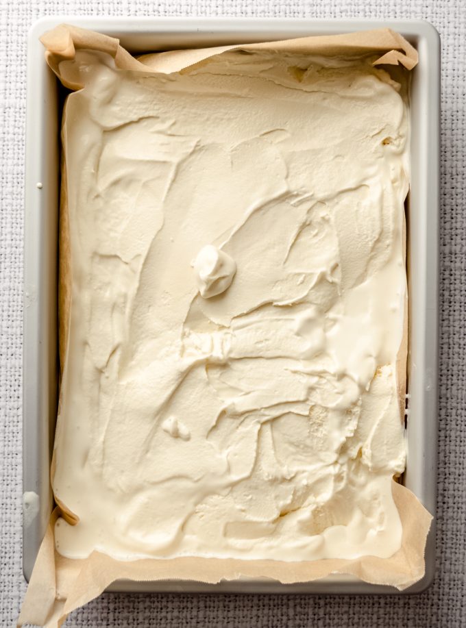 Aerial photo of assembling an ice cream sheet cake.