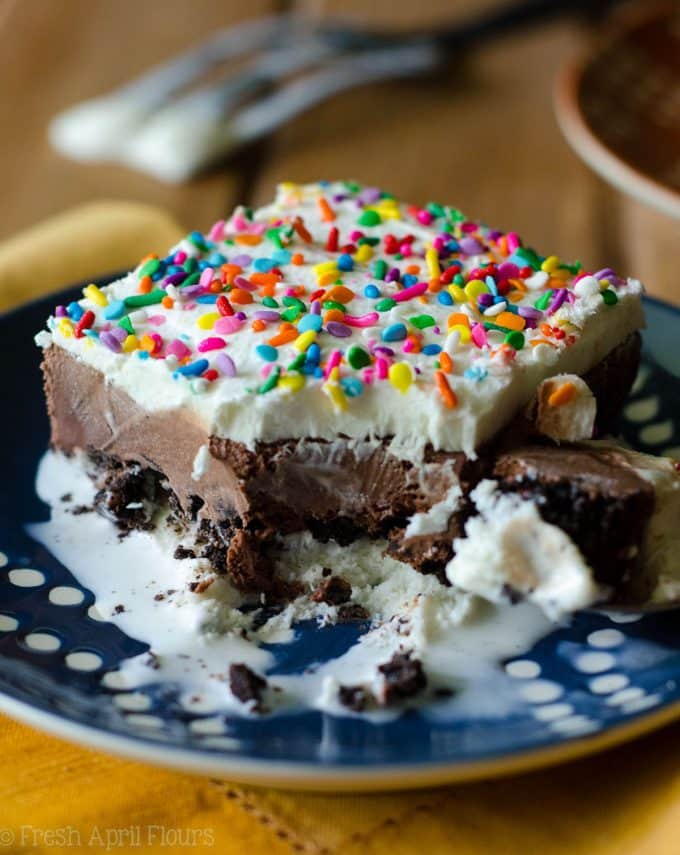 Ice Cream Sheet Cake: An easy recipe for homemade ice cream cake, filled with a crunchy cookie layer. Mix and match your favorite ice cream flavors or be brave and use your own homemade ice cream!