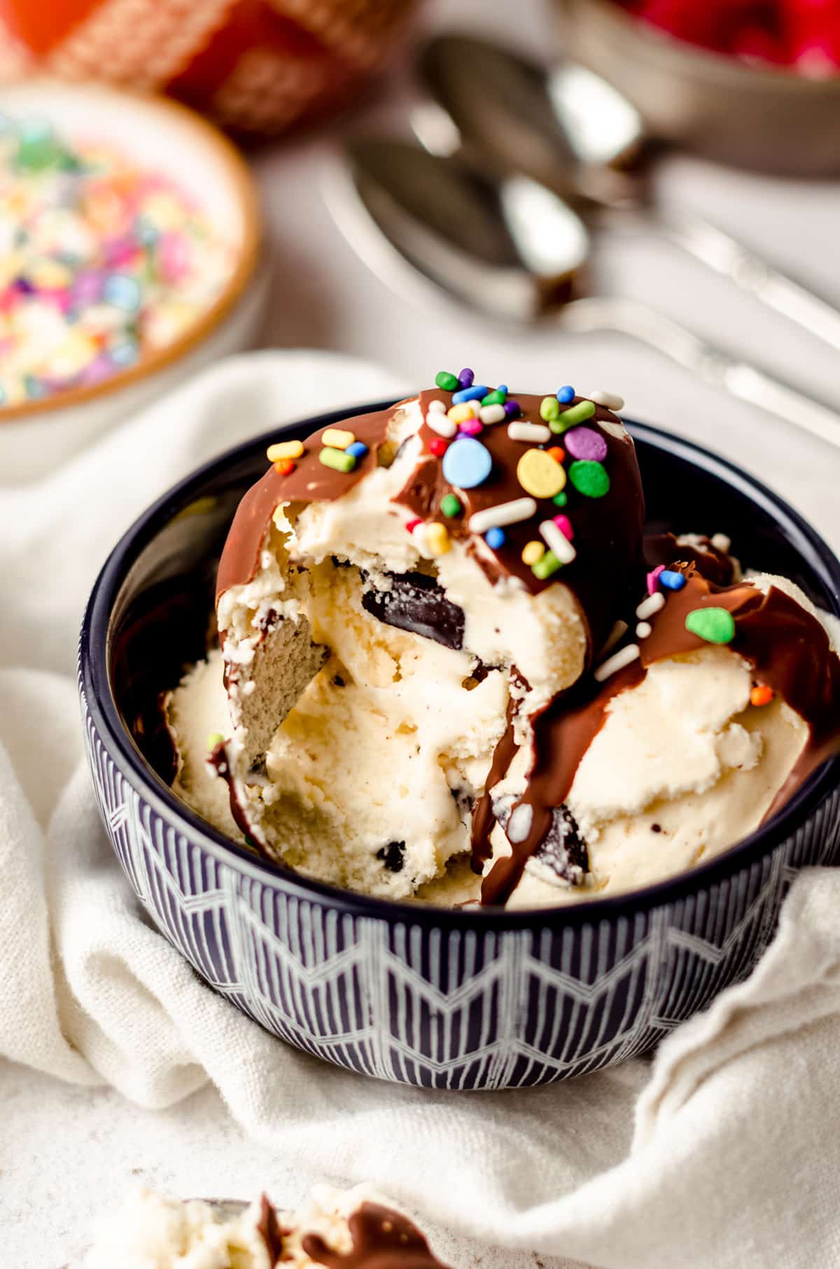 a bowl of ice cream with homemade magic shell and ice cream on it