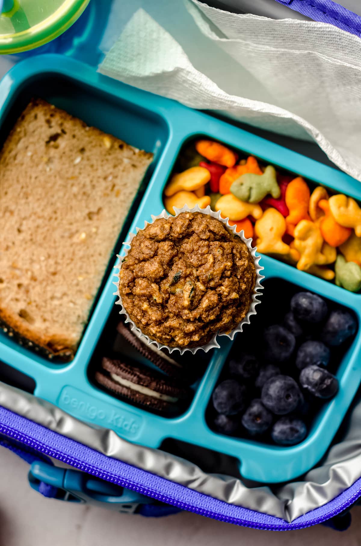 aerial photo of toddler muffin in a lunchbox