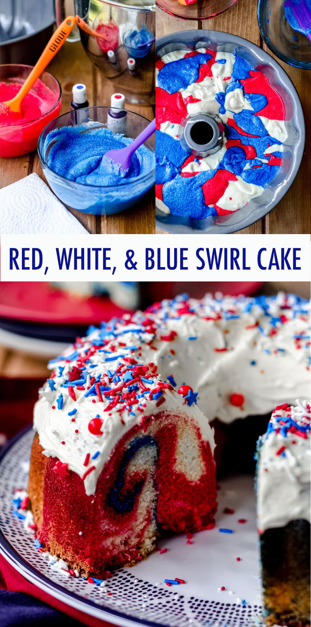 Classic white cake, swirled with colored batter for a patriotic flair. Change up the colors to match your occasion! via @frshaprilflours