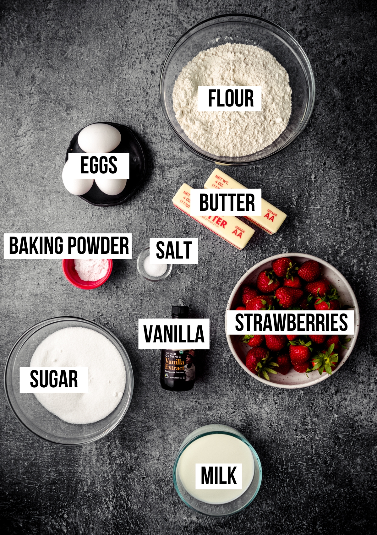 Aerial photo of ingredients for strawberry cake with text overlay.