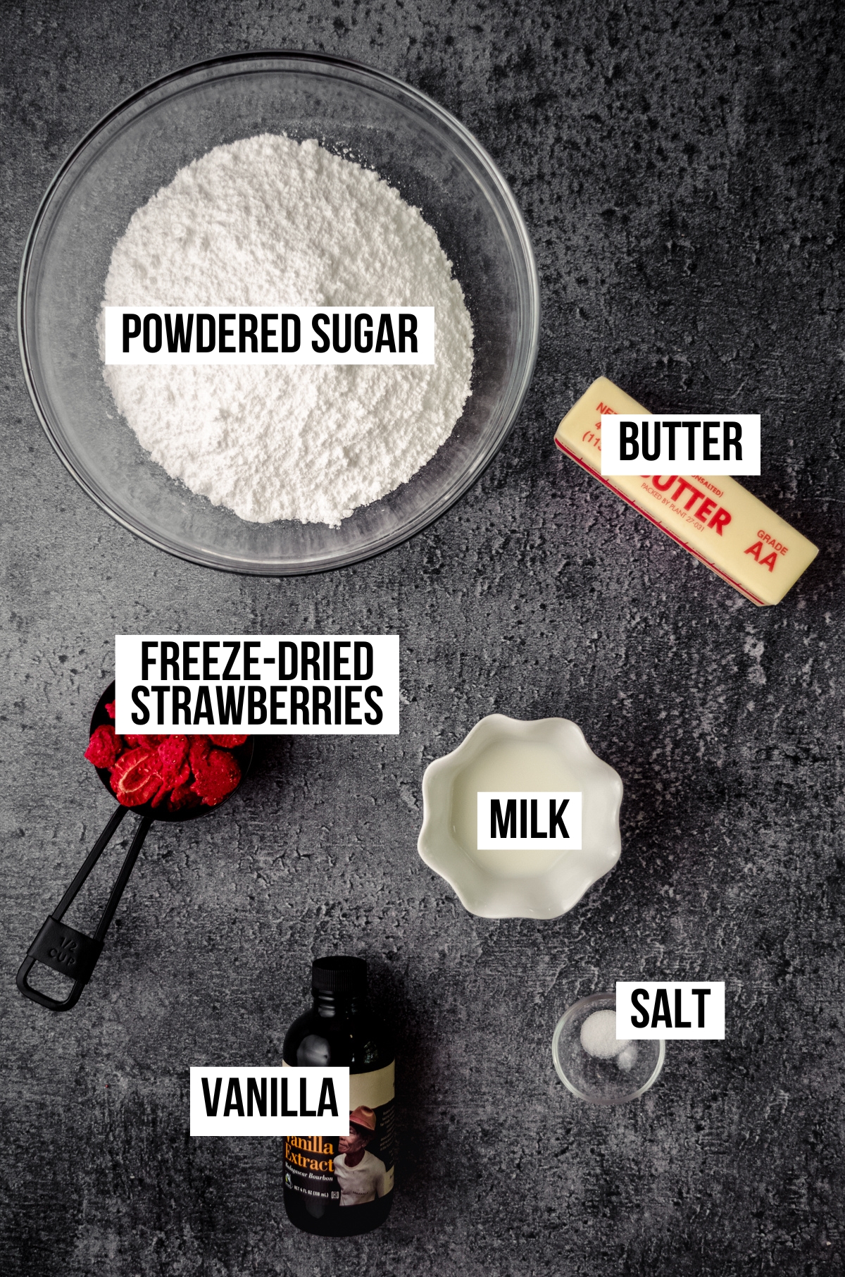 Aerial photo of ingredients for strawberry buttercream with text overlay.