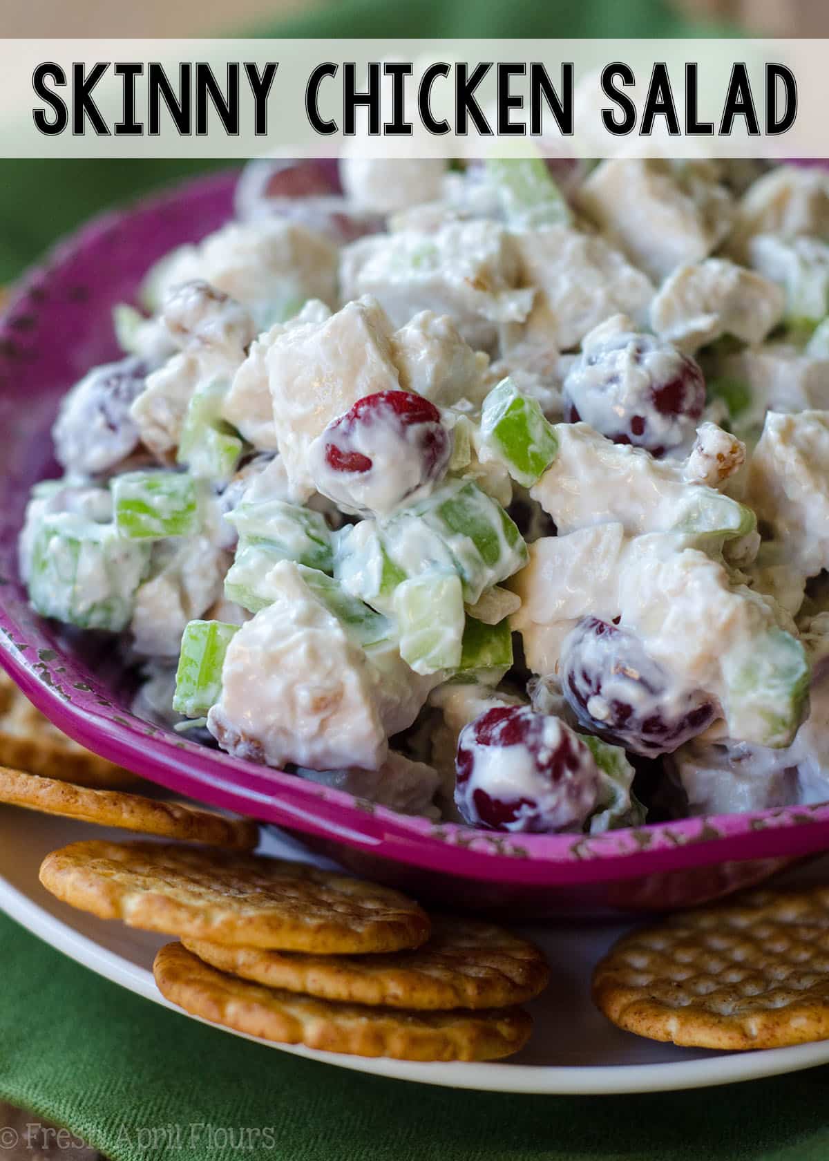 Traditionally calorie-laden chicken salad gets a healthy upgrade using Greek yogurt and spices. Celery, grapes, and walnuts add the perfect crunch and flavors to insure you won't miss the "real" thing! via @frshaprilflours