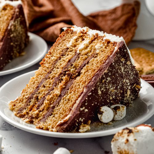 A slice of s'mores cake on a plate.