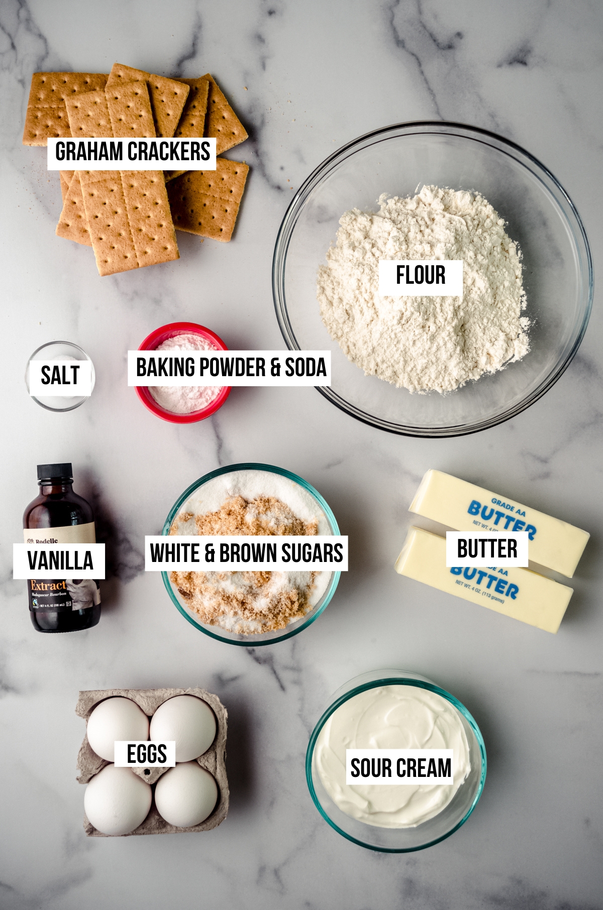 Ingredients for s'mores cake with text overlay.