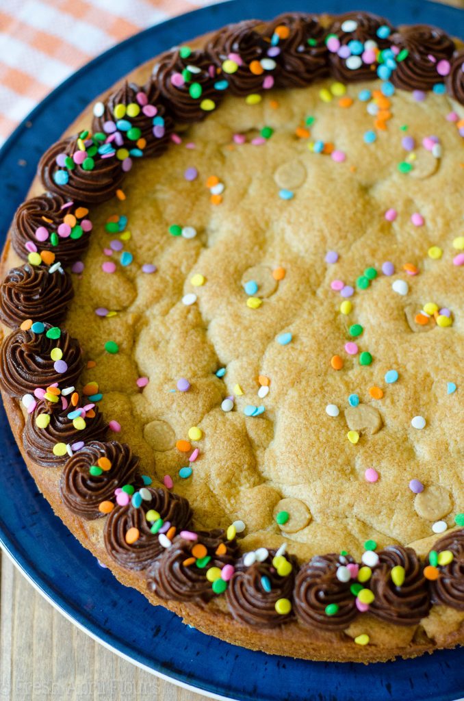 Peanut Butter Cookie Cake: A peanut buttery twist on the classic cookie cake. Top with chocolate, peanut butter, or vanilla frosting and get to decorating!