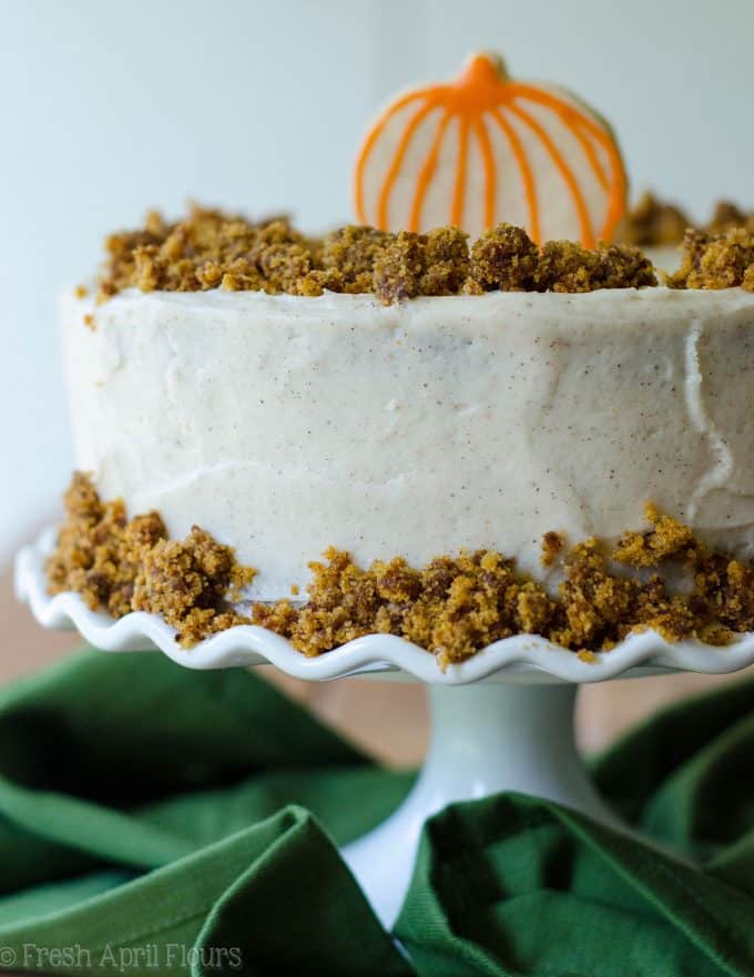 Brown Butter Pumpkin Cake with Maple Cinnamon Cream Cheese Frosting: A moist, spiced cake made with real pumpkin and smothered in a creamy, fall flavor-infused cream cheese frosting.