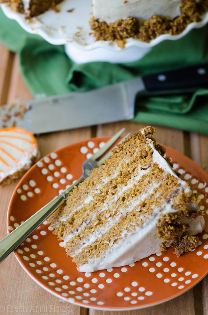 Brown Butter Pumpkin Cake with Maple Cinnamon Cream Cheese Frosting: A moist, spiced cake made with real pumpkin and smothered in a creamy, fall flavor-infused cream cheese frosting.